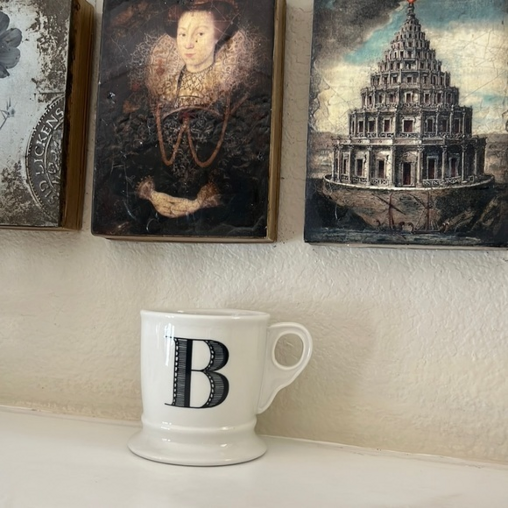 Anthropologie‎ White Black Coffee Mug Pedestal Classic Large C initial